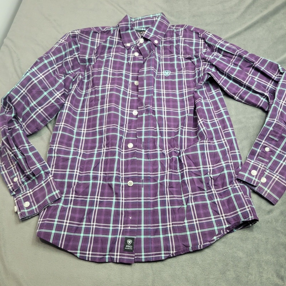 Ariat Pro Series Button Down Boys 10-12 Purple Plaid Long Sleeve 100% Cotton